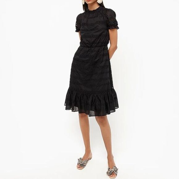 J Crew Black Puff Sleeve Daisy-Chain Knee Length Ruffle Dress - Picture 1 of 10